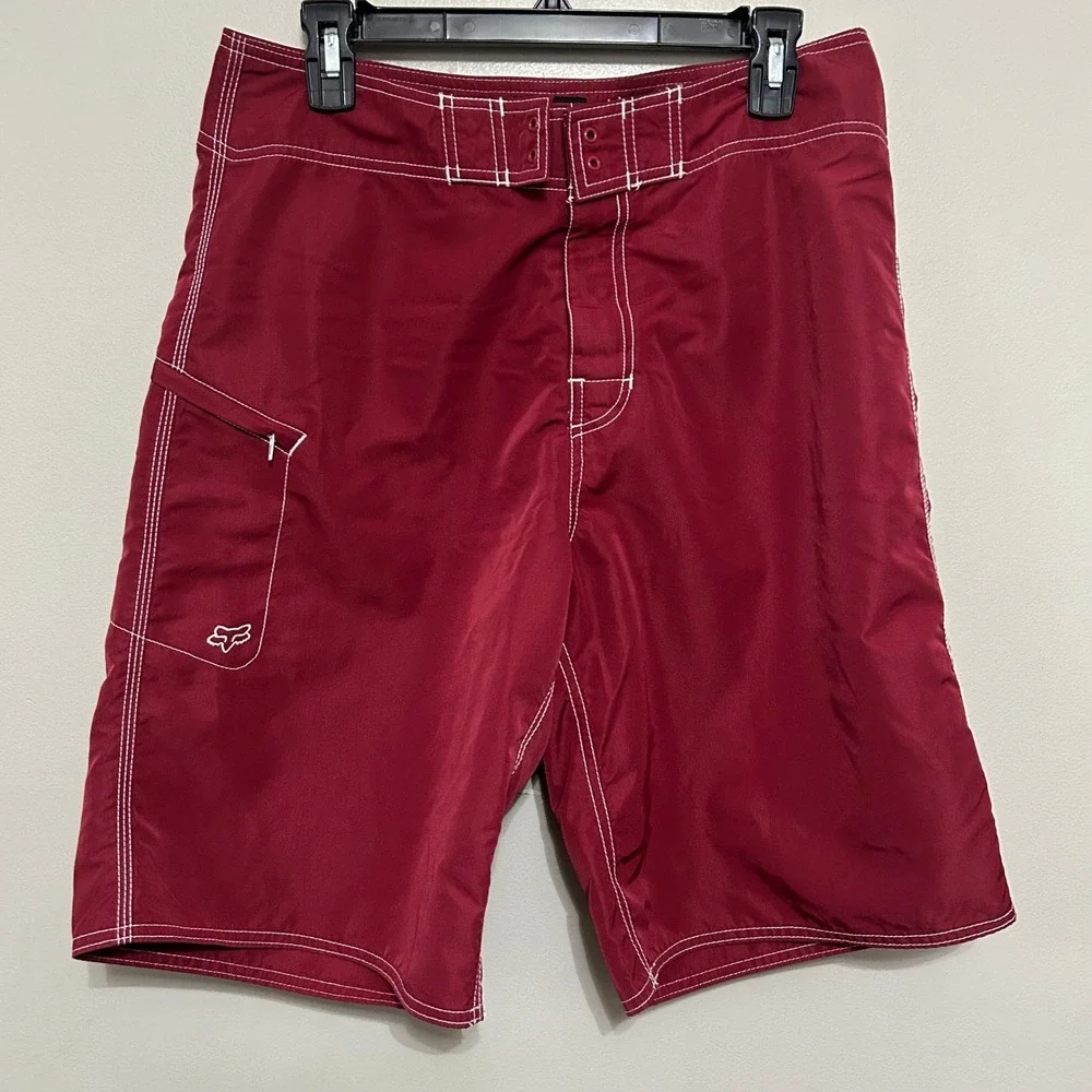 Fox Racing Board Shorts Mens 31 Red White Stitch Embroidered Logo Motocross Surf